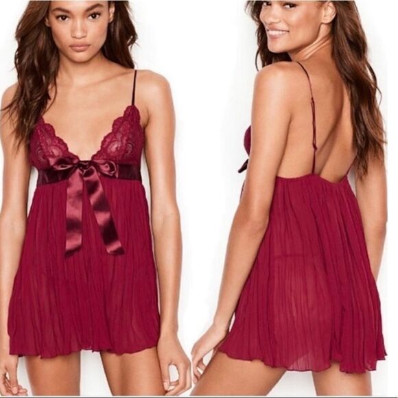 Victoria's Secret Burgundy Pleated Bow Babydoll Flyaway Lace Slip Vintage Dress - Picture 1 of 13